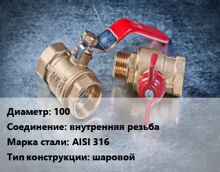 Кран металлический 100 внутренняя резьба Сталь: AISI 316 шаровой